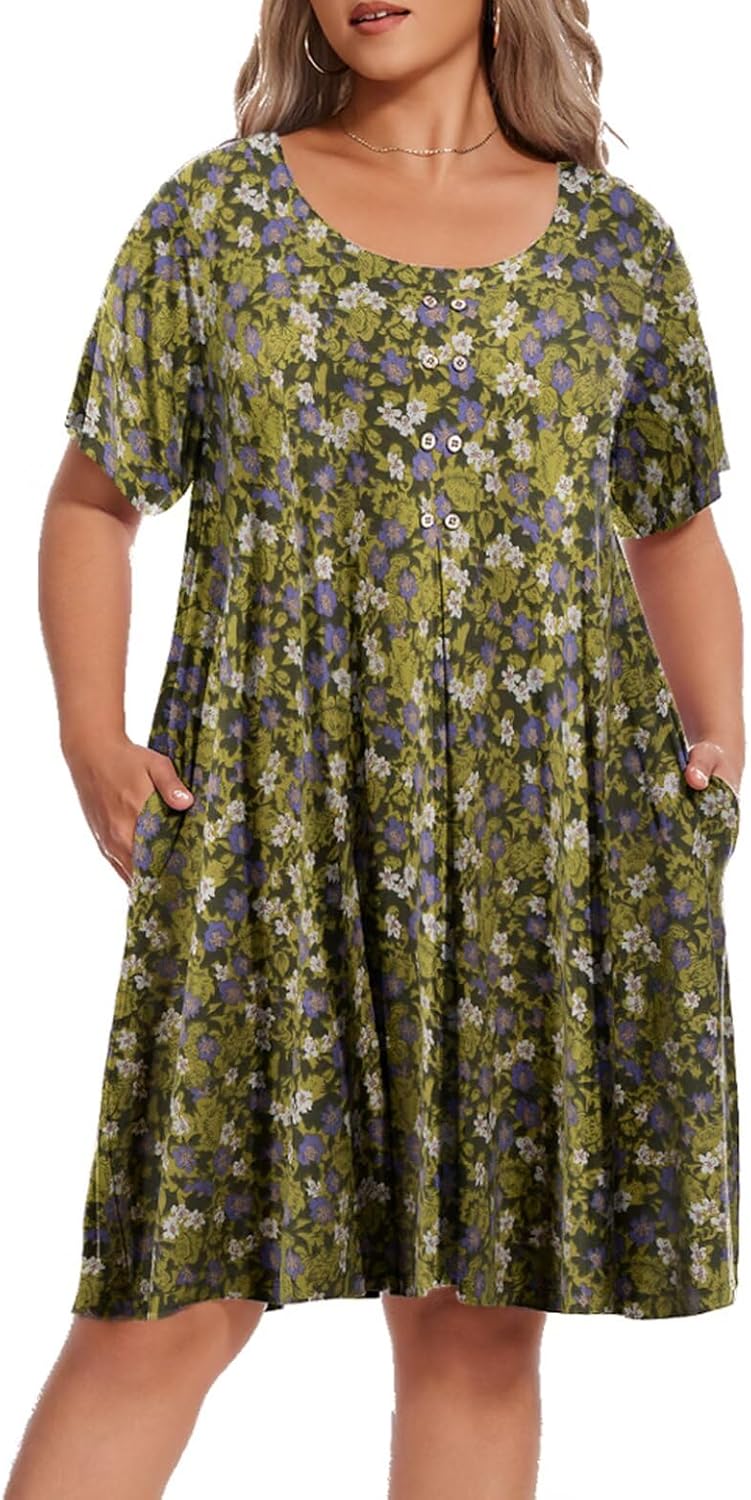 OVERWORETY Womens Short Sleeve Plus Size T-Shirt Dress Scoop Neck Button Up Swing A-Line Casual Dresses with Pocket