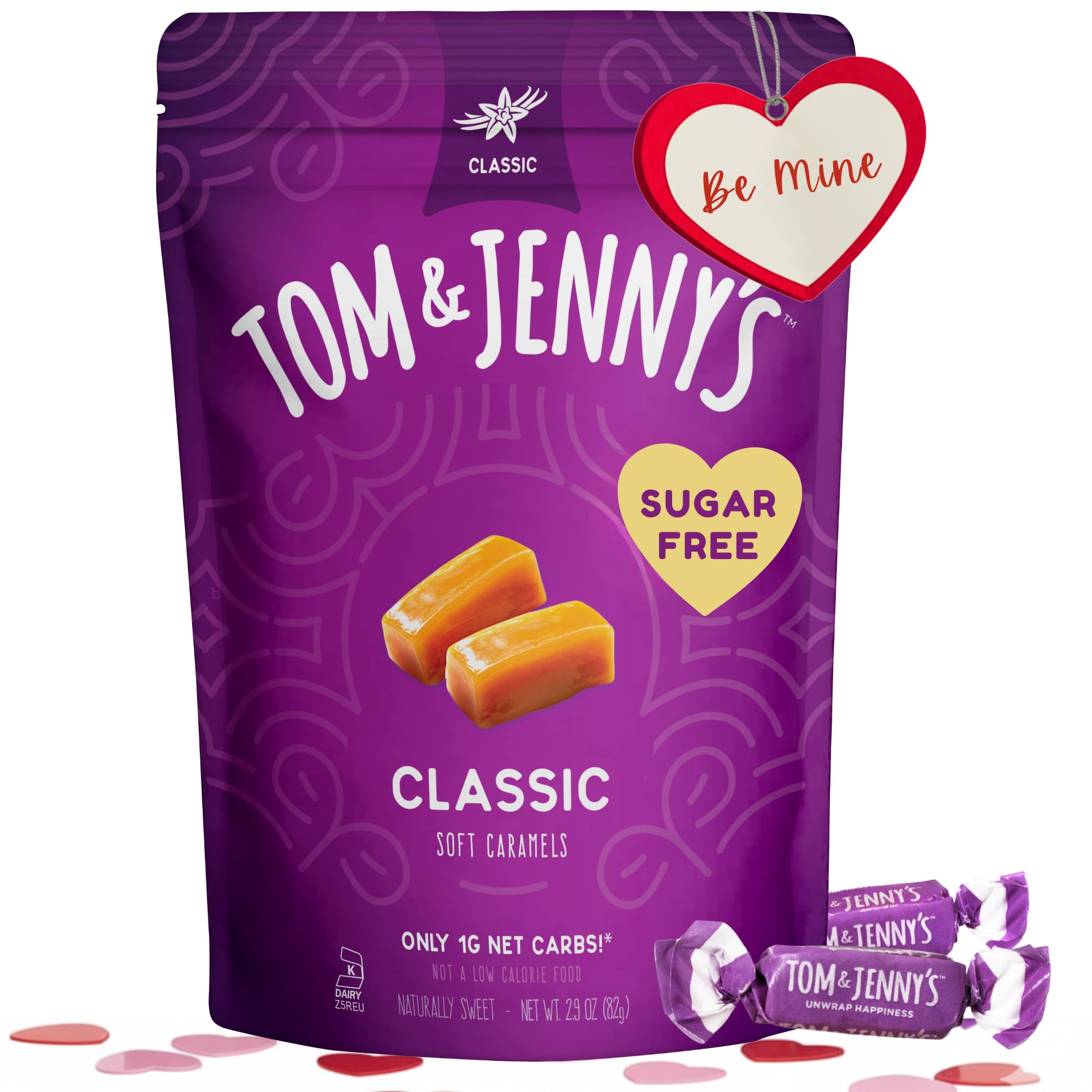 Tom & Jenny's Sugar Free Valentines Day Candy - Individually Wrapped Candy Caramels - Zero Sugar Keto (Sea Salt & Vanilla Classic Chewy Caramels)