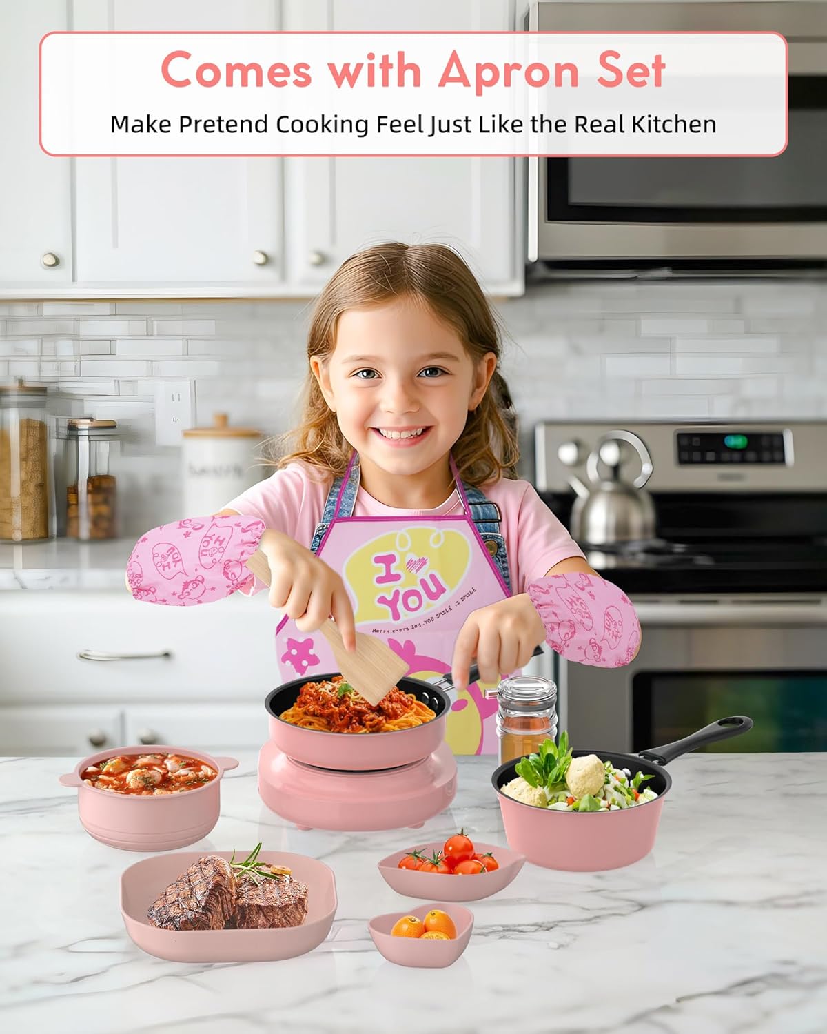 Kids Cooking Set Real for Ages 8-12, Real Montessori Mini Kitchen Tools with Stove Burner & Safe Knife, Easy Educational Cooking Toys for Boys & Girls Beginner – Pink