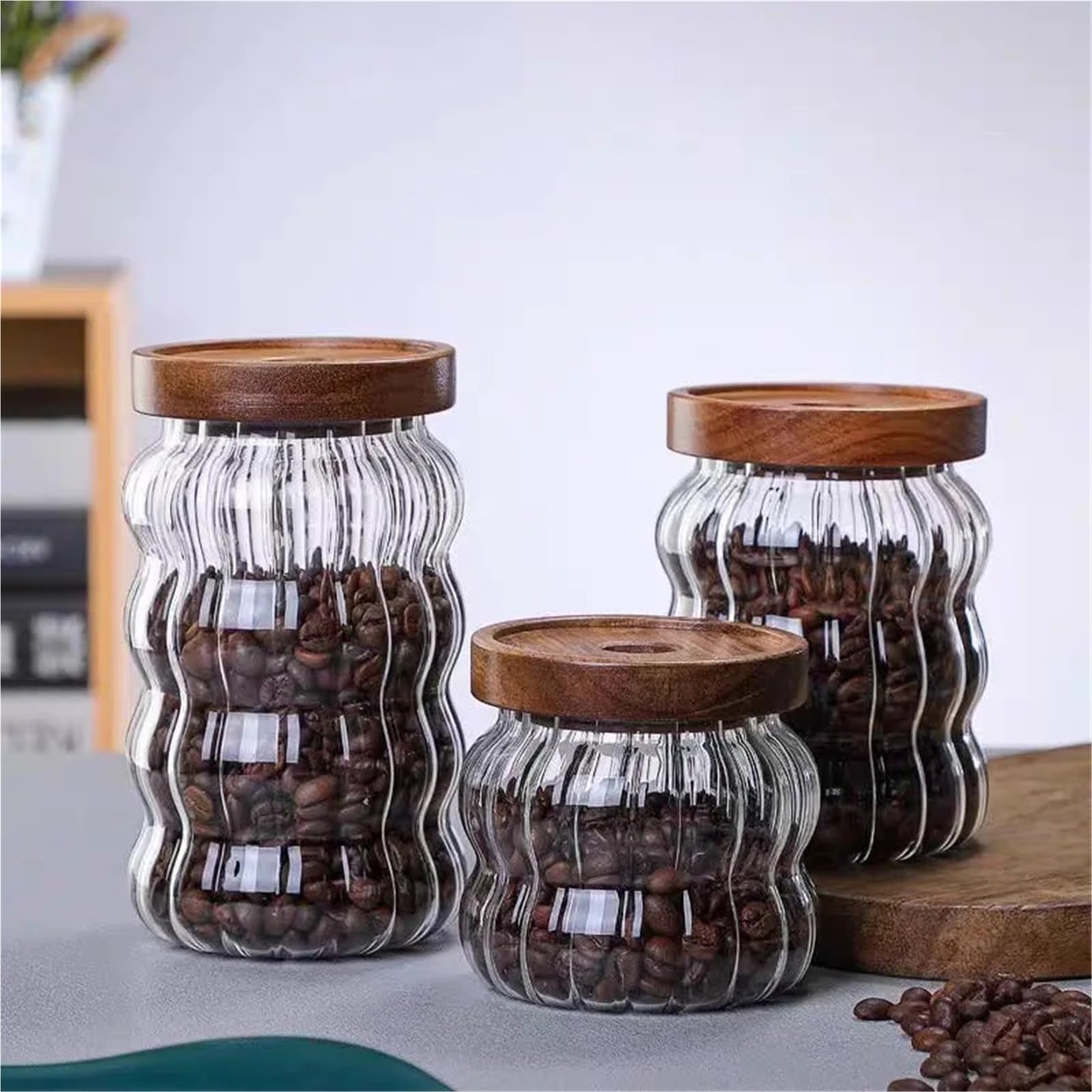 Tarro De Caramelo A Rayas Con Tapa Madera, Frascos Botellas Almacenamiento, Dulces Para Caramelos(750ML)