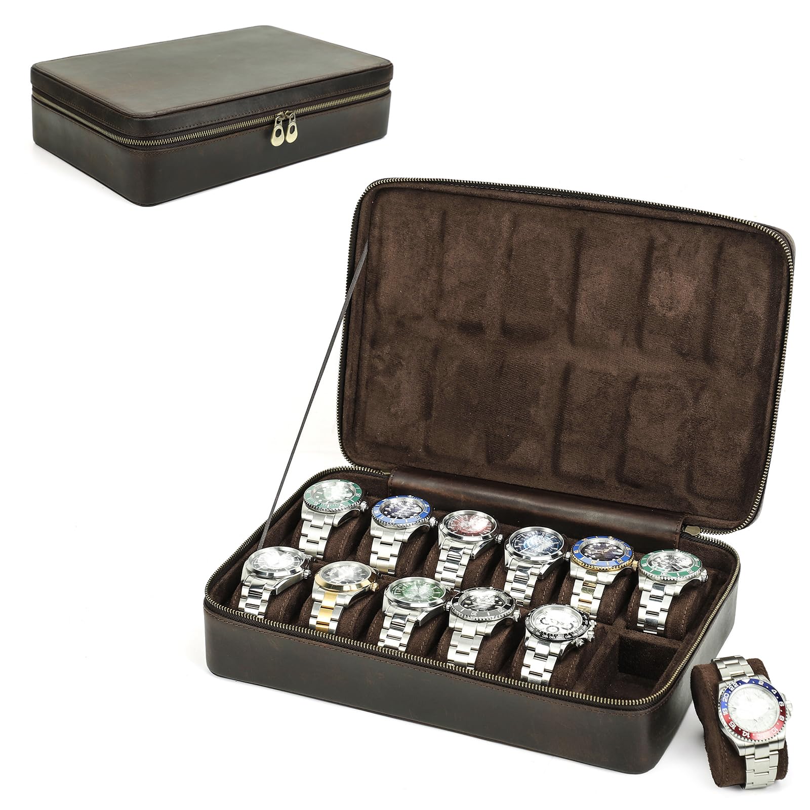 Contacts Crazy Horse - Scatola portaoggetti per orologi, in pelle, grande capacità, da viaggio, con cerniera, organizer per collezionisti (caffè scuro, 12 scomparti)