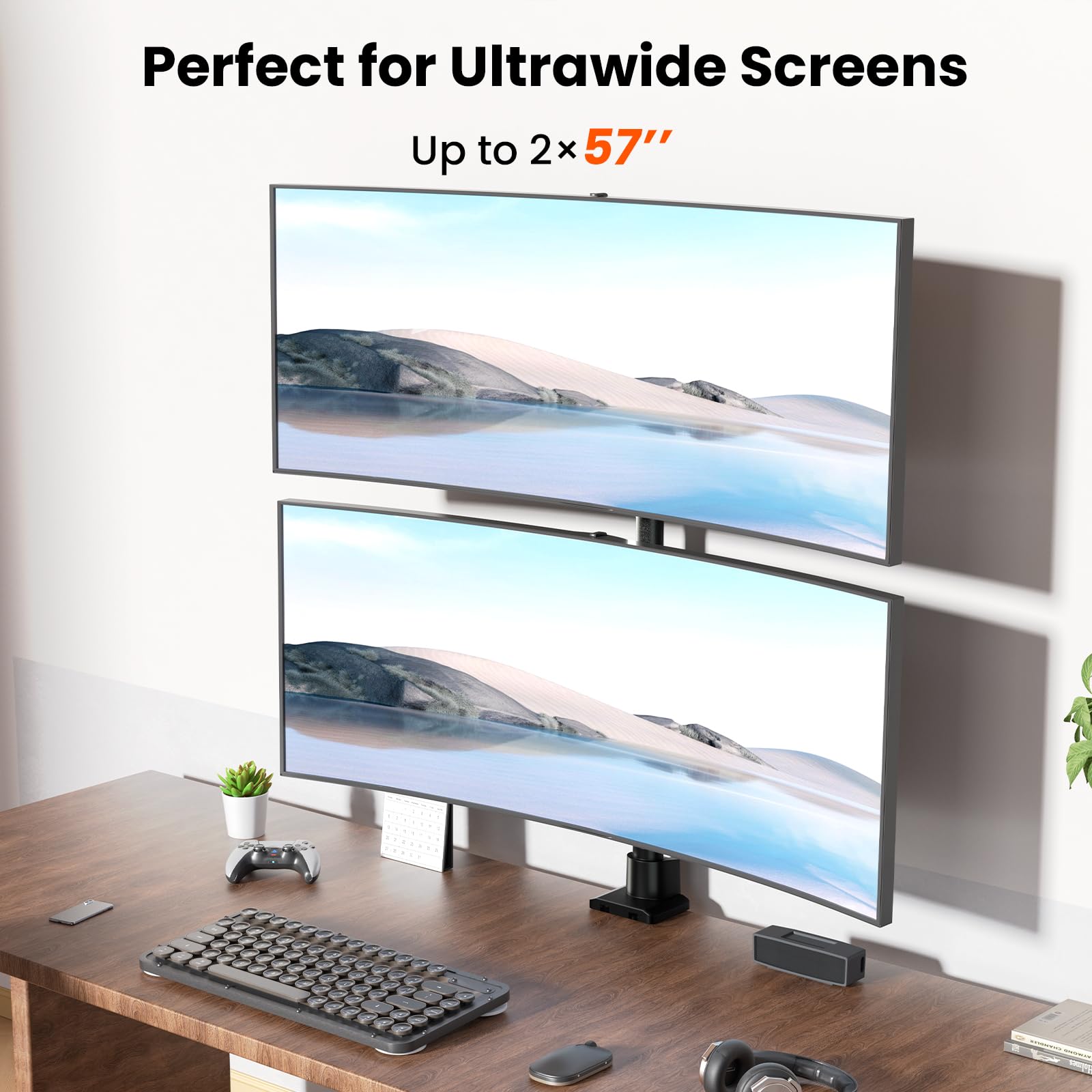 Supporto Doppio Monitor Verticale, Braccio Monitor Verticale Doppio Adatto a Due Schermi da 24 a 57 Pollici, Girevole, Inclinabile, Regolabile in Altezza