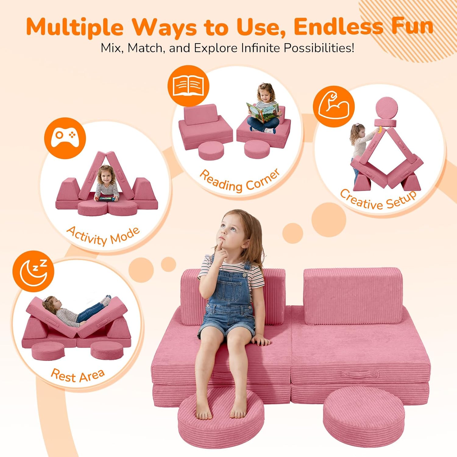 MeMoreCool Kids Couch for Playroom, Corduroy Convertible Toddler Couch, 8 Piece Modular Play Sofa, Foam Fort Building Set for Child Room Furniture, Pink