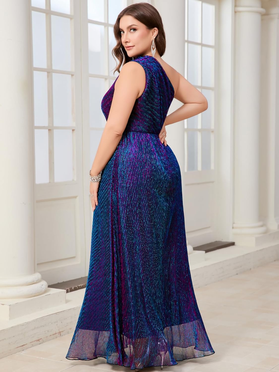Plus Size Formal One-Shoulder Maxi Dress Sparkly Sleeveless A-Line Prom Evening Gown Cocktail Gala Wedding Guest - Image 6
