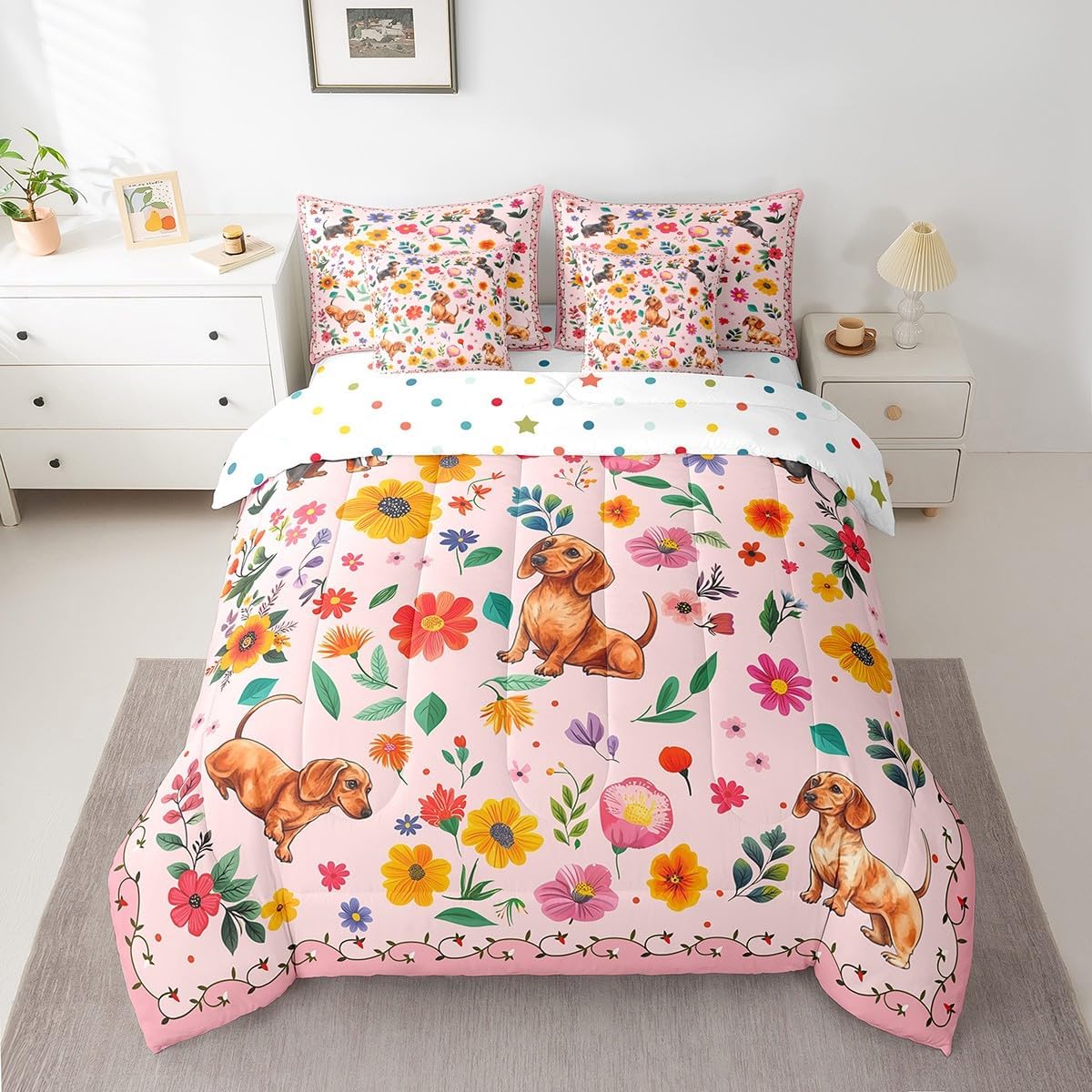 Erosebridal Dachshund Bed in a Bag Queen Comforter Set 7 Piece,Boho Floral Bedding Sets Funky Wildflower Rustic Flowers Bohemian Leaf Sheet Set with Comforter,Garden Botanical Cottagecore Decor,Pink