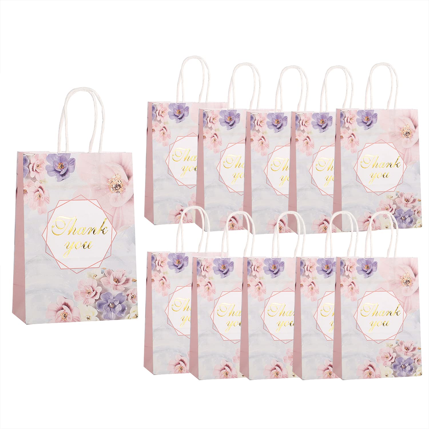 Yamibobo Crafts Thank You Gift Bags,10 Pack Goody Paper Bags With Handles Floral Design Birthday Bag For Thanksgiving, Mother's Day, Christmas Day, Baby Shower and Bridal Shower 10.63 x 8.27inch