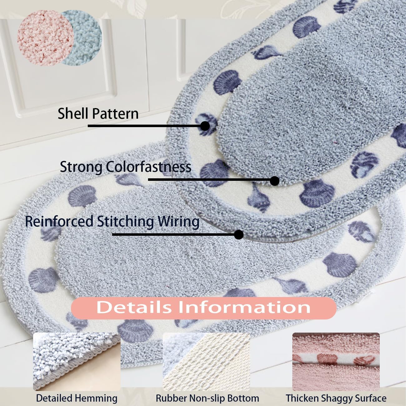 NamUla Shell Pattern Bath Rug, Cute Bathroom Rug Soft Microfiber Plush Water Absorbent Bathtub Mat Shaggy Non-Slip Quick Dry Shower Floor Mat Washable Area Rug for Living Room, Bedroom (Blue,16"x24")
