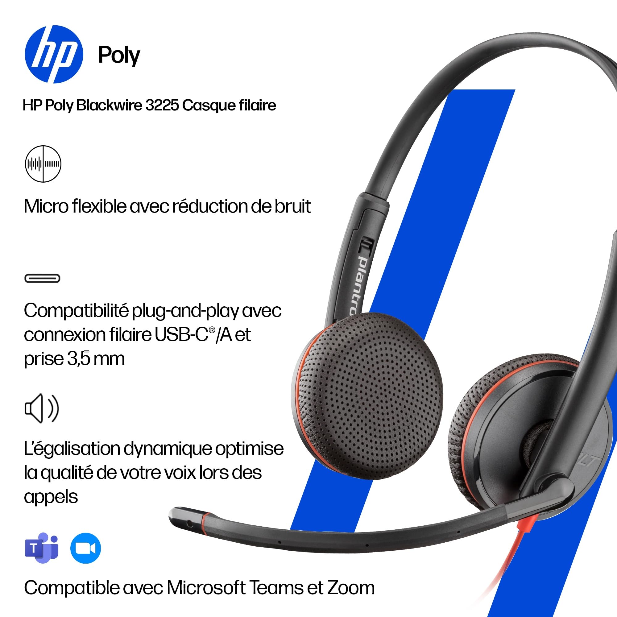 Micro-casque filaire Poly Blackwire 3225 – Microphone antibruit – Conception binaurale – Connexion à un PC/Mac/téléphone portable via USB-C, USB-A ou prise Jack 3,5 mm - Fonctionne avec Teams et Zoom