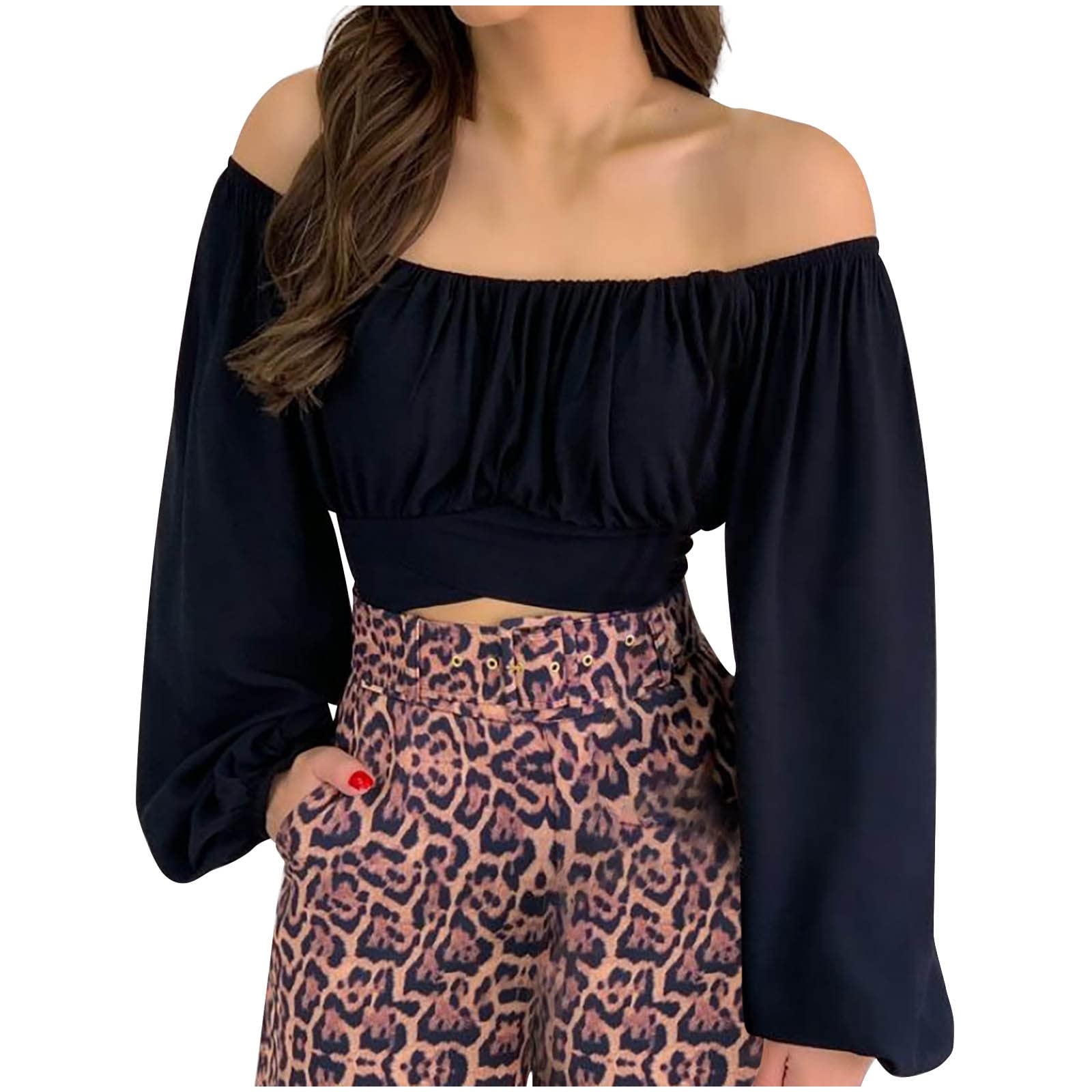 Amhomelywomans Strapless Long Sleeve Print Off Shoulder Ruched