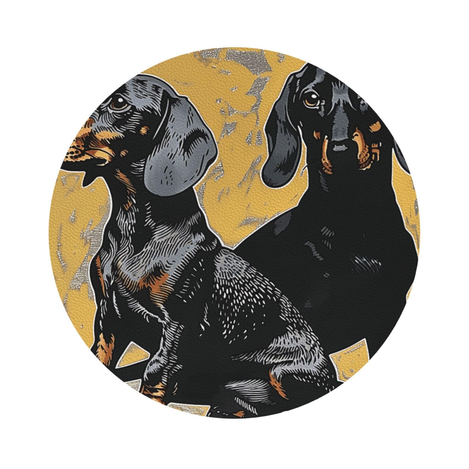 dachshund Print Leather Coaster Set of 6, Round Shape Coasters Table Decorative Coffee Cup Beverage Coasters Wine Beer Bar Coasters for Hot Drinks Table Protection