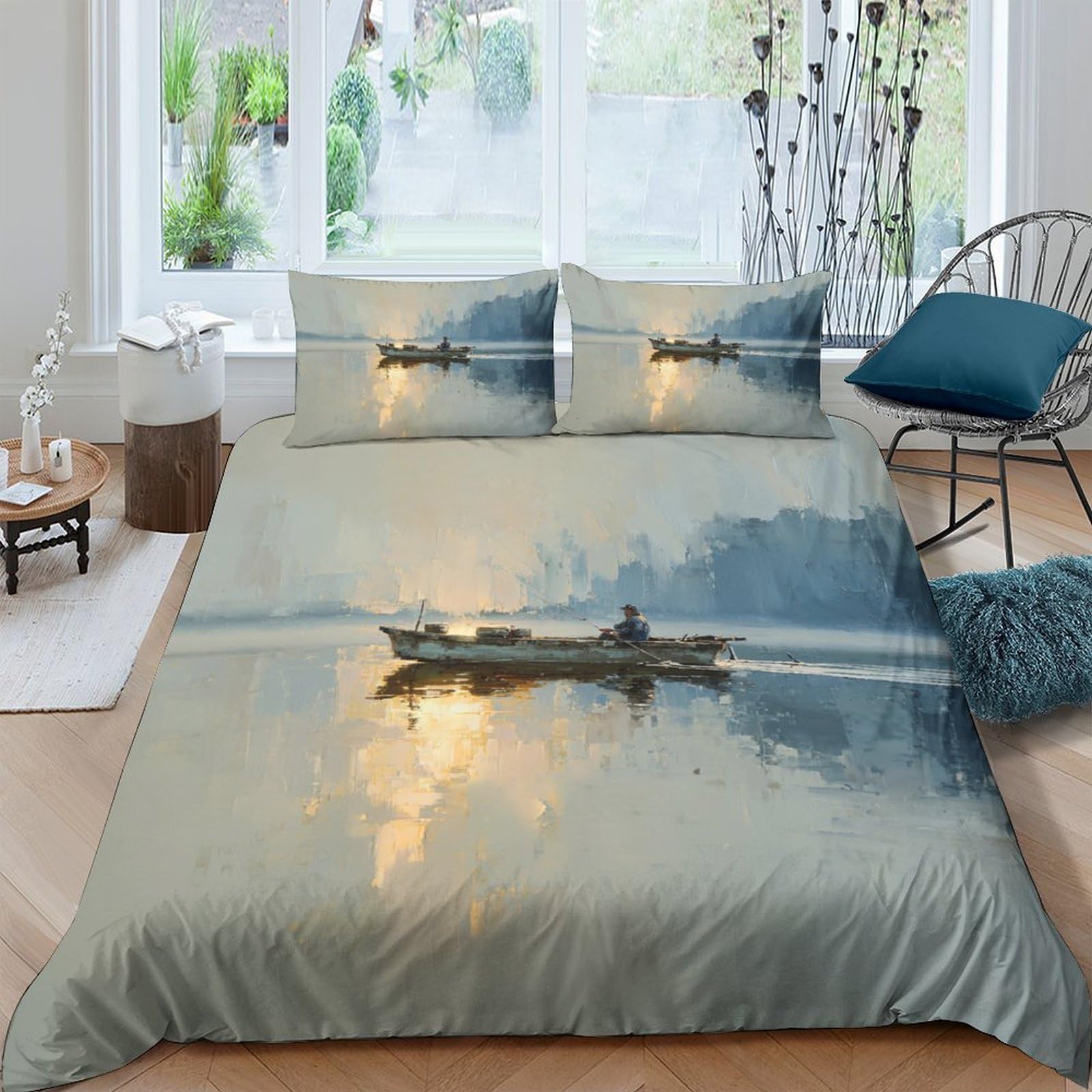 Ctjqhvkz Style-5 3D Printed Lake Sunrise Fitted Sheet Microfiber Soft Anti-Slip Canoe Bed Cover For Bedroom Guest Room Decor Single（135X200cm）