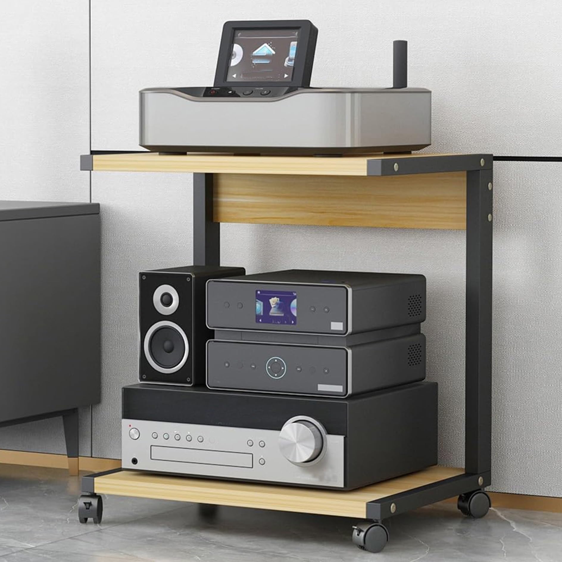 Supporto multimediale AV a 2 livelli con ruote, per accessori TV, lettore DVD/CD, console di gioco, adatto per Xbox/PS5/proiettore, finitura in legno, 50 x 40 x 60 cm