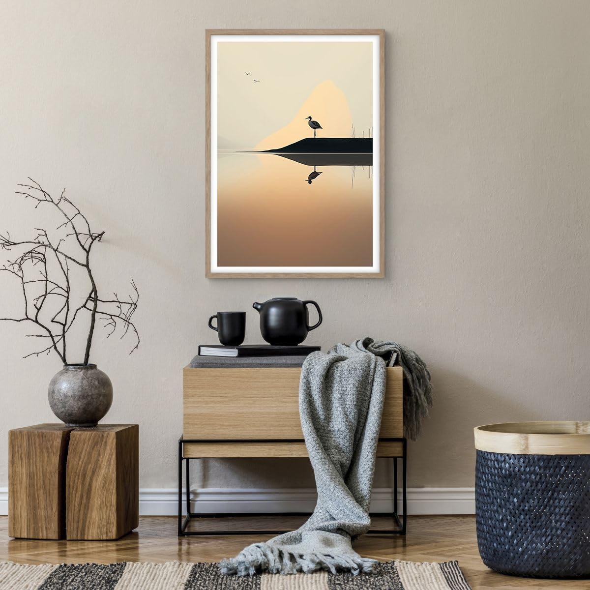 ARTTOR Poster Wandbild Kunstdruck 50x70cm Landschaften Natur - 6010 - P2N | Vogel Landschaft Minimalismus Vertikal mit hellem Eichenrahmen Wohnzimmer Schlafzimmer Küche Büro Wanddeko Kunstposter ARTTOR