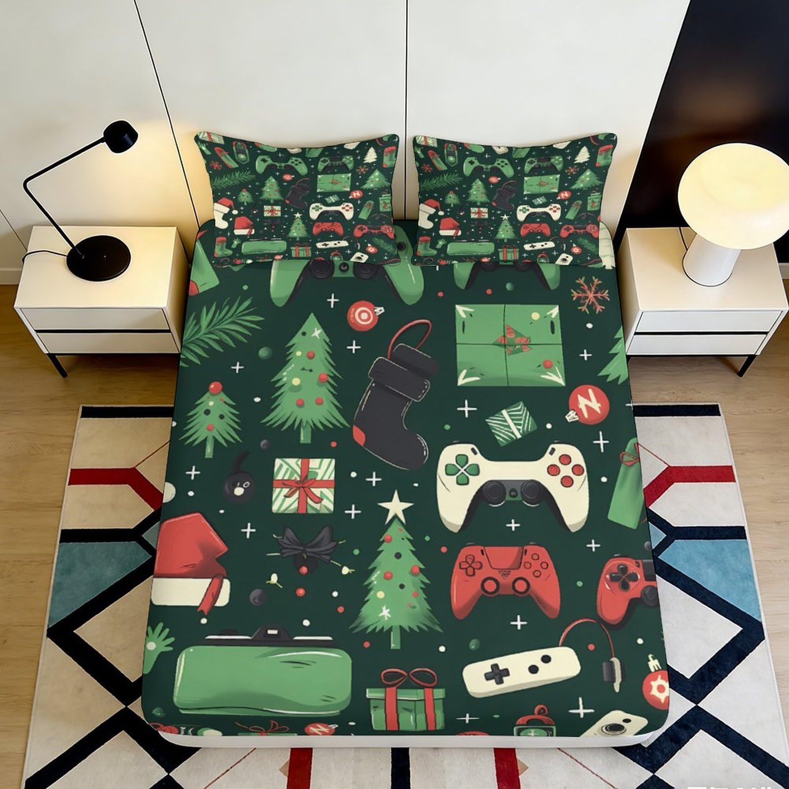3D Printed Forest Deer Fitted Sheet Microfiber Deep Pocket Non-Slip Bedroom Set Winter Scene Mattress Fitted Cover Washable Home Use 140x200x25cm