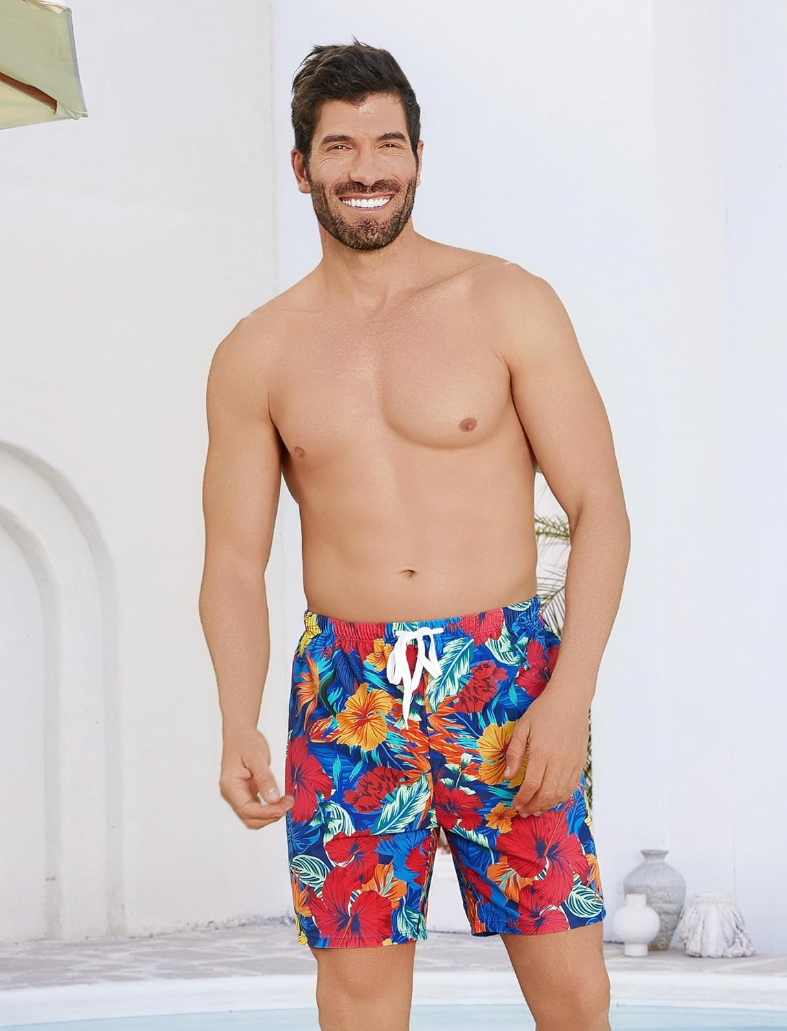 Family Matching Solid Scallop Trim Strappy Two-Piece Swimsuit and Allover Floral Print Swim Trunks Shorts