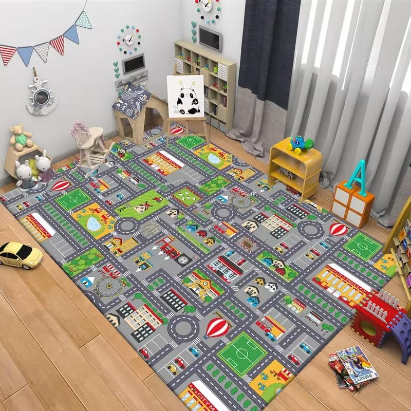 Alfombra infantil de aparcamiento y juegos 70x100 cm textil lavable para suelo de dormitorio