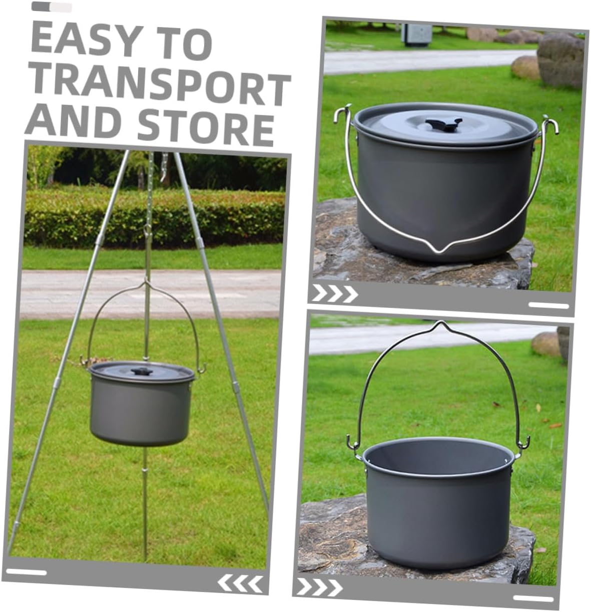 Portable Aluminum Camping Hanging Pot with Lid Even-heat Cooking Pot for People Lightweight Outdoor Mess Kit for Hiking Picnics Bbqs and Backyard Use with Carry Bag
