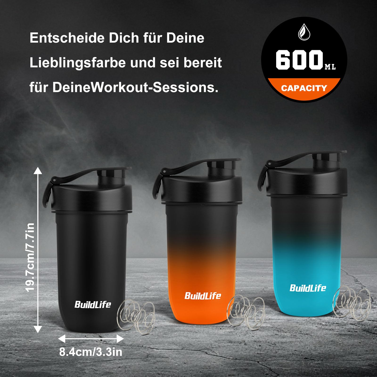 Shaker proteinowy 600 ml – szczelny, nie zawiera BPA, łatwe czyszczenie, tritan, mieszacz spiralny do kremowych szejków, nadaje się do mycia w zmywarce – shaker do białek premium (czarno-pomarańczowy)