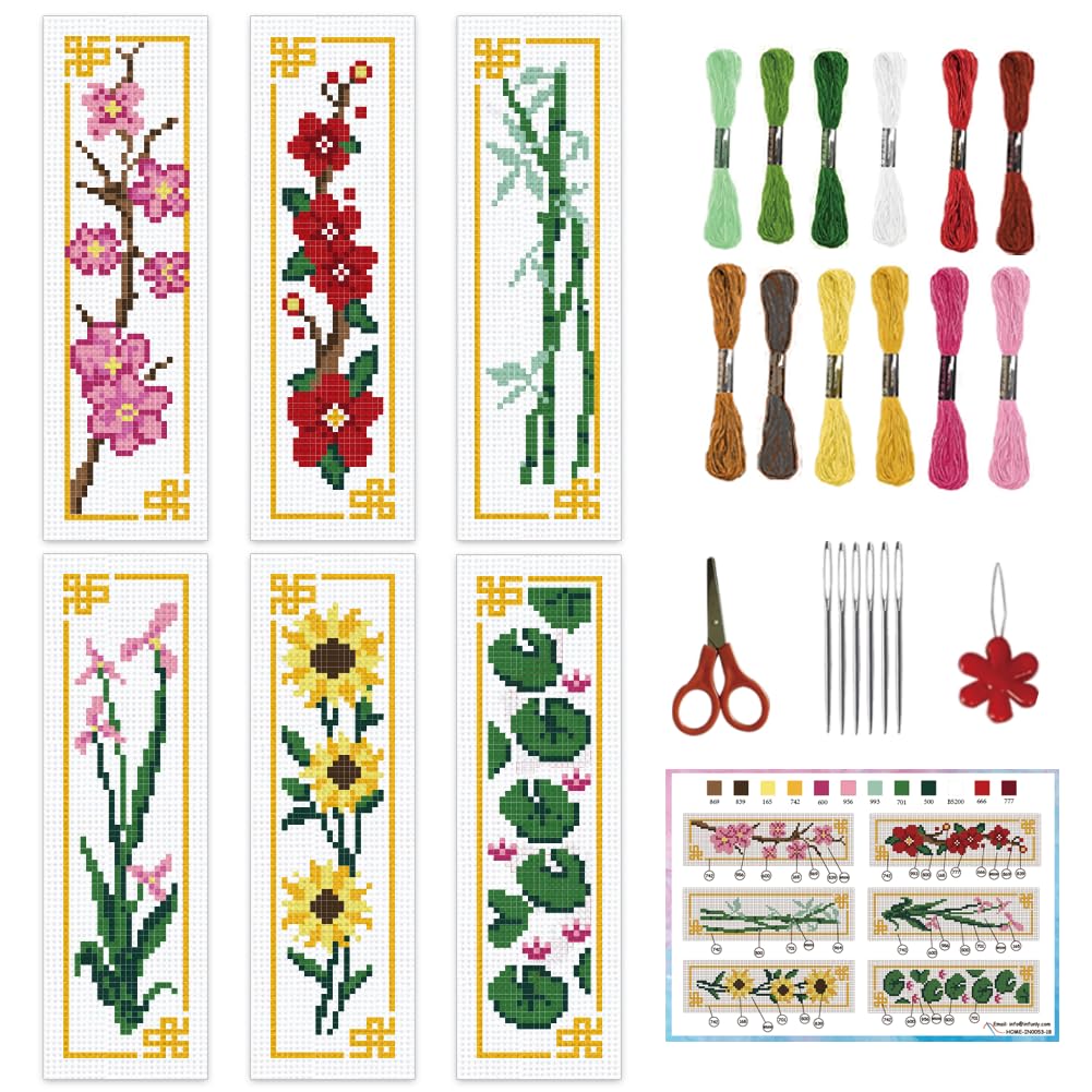 INFUNLY 6PCS Plum Blossom Cross Stitch Bookmark Kit for Adults Bamboo Cross Stitch Kits DIY Crossstitch Kits Flowers Stamped Embroidery Bookmark Kit with Instructions for Book Lovers Readers