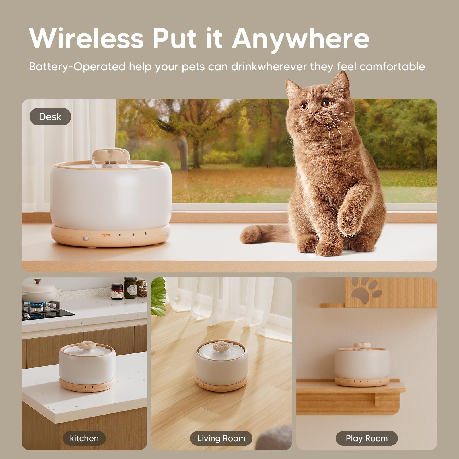 WOPET Wireless Cat Water Fountain, 3L/101oz Ceramic Automatic Pet Water Dispenser for Cats, Battery Operated Cordless Dog Water Fountain with Motion Sensor, Ultra Quiet Wireless Pump, Dishwasher Safe - image 2