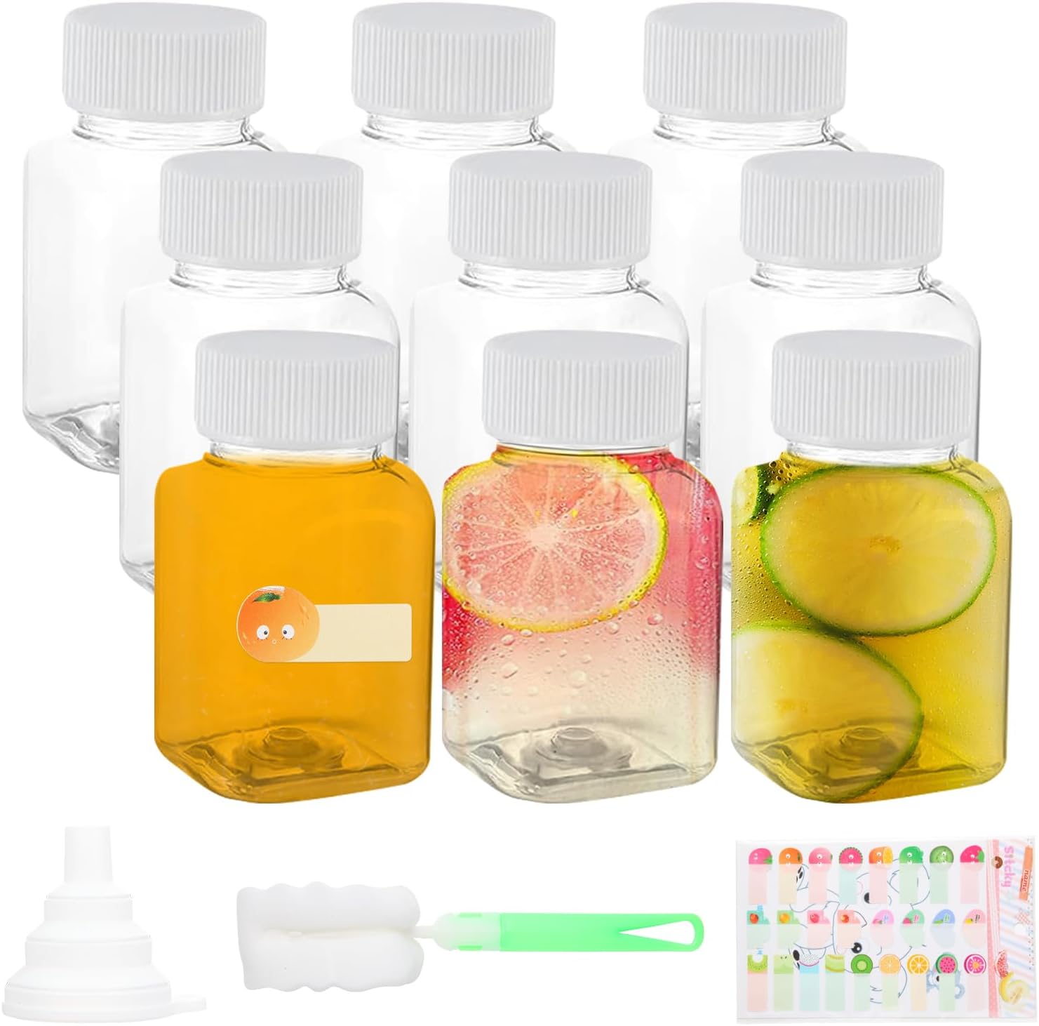 9Pcs 3.5oz/100ml Plastic Juice Bottles with Lids, Leak-proof Reusable Shot Bottles with Label, Funnel and Brush, for Storing Juices, Water,Milk