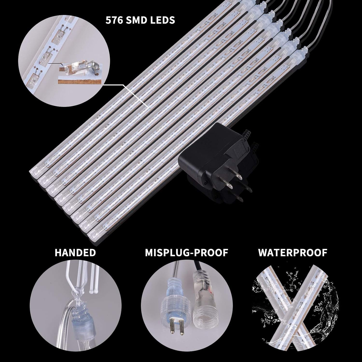 Perseid Falling Rain Lights, 12" 8 Tubes 144 LED Meteor Shower Lights, Waterproof Plug in Icicle Lights for Christmas Trees, Halloween, Outdoor Indoor Decoration (Warm White)