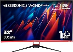 ZEBRONICS 32 inch WQHD 2K Curved 165Hz Gaming Monitor, HDR10, 1ms MPRT Response time, Free sync Support, HDMI, DP, 280...