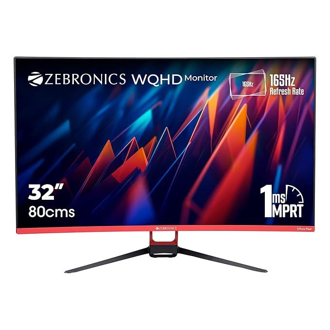 ZEBRONICS 32 inch WQHD 2K Curved 165Hz Gaming Monitor, HDR10, 1ms MPRT Response time, Free sync Support, HDMI, DP, 280 Nits max, 16.7M Colors, Built-in Speakers and Bezel Less Design ZEB-S32A at Rs. 19999