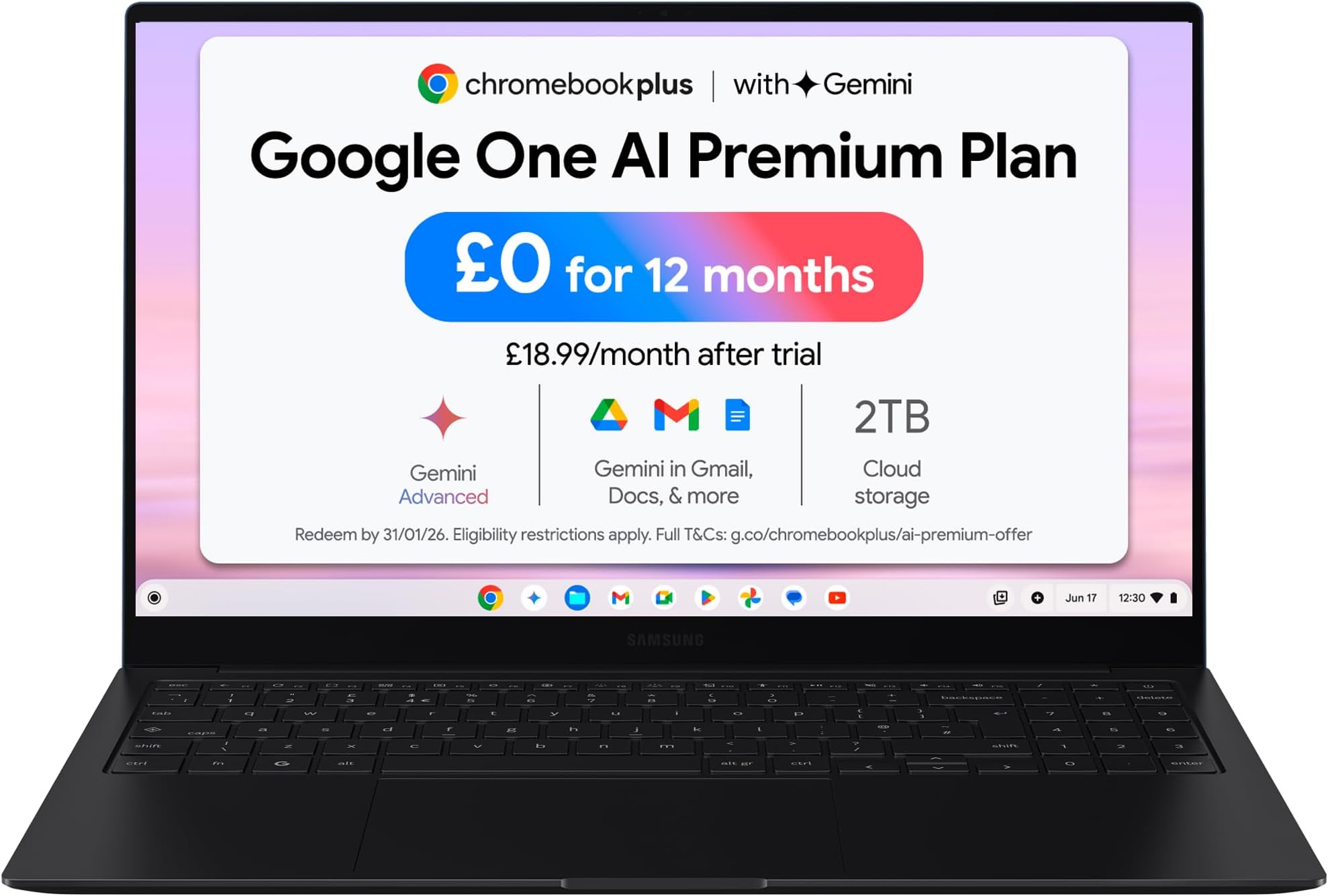 Galaxy Chromebook Plus Gemini AI Laptop, i5 Processor, Built in Gemini Quick Insert Key, 8GB Memory RAM 256GB Storage, Neptune Blue