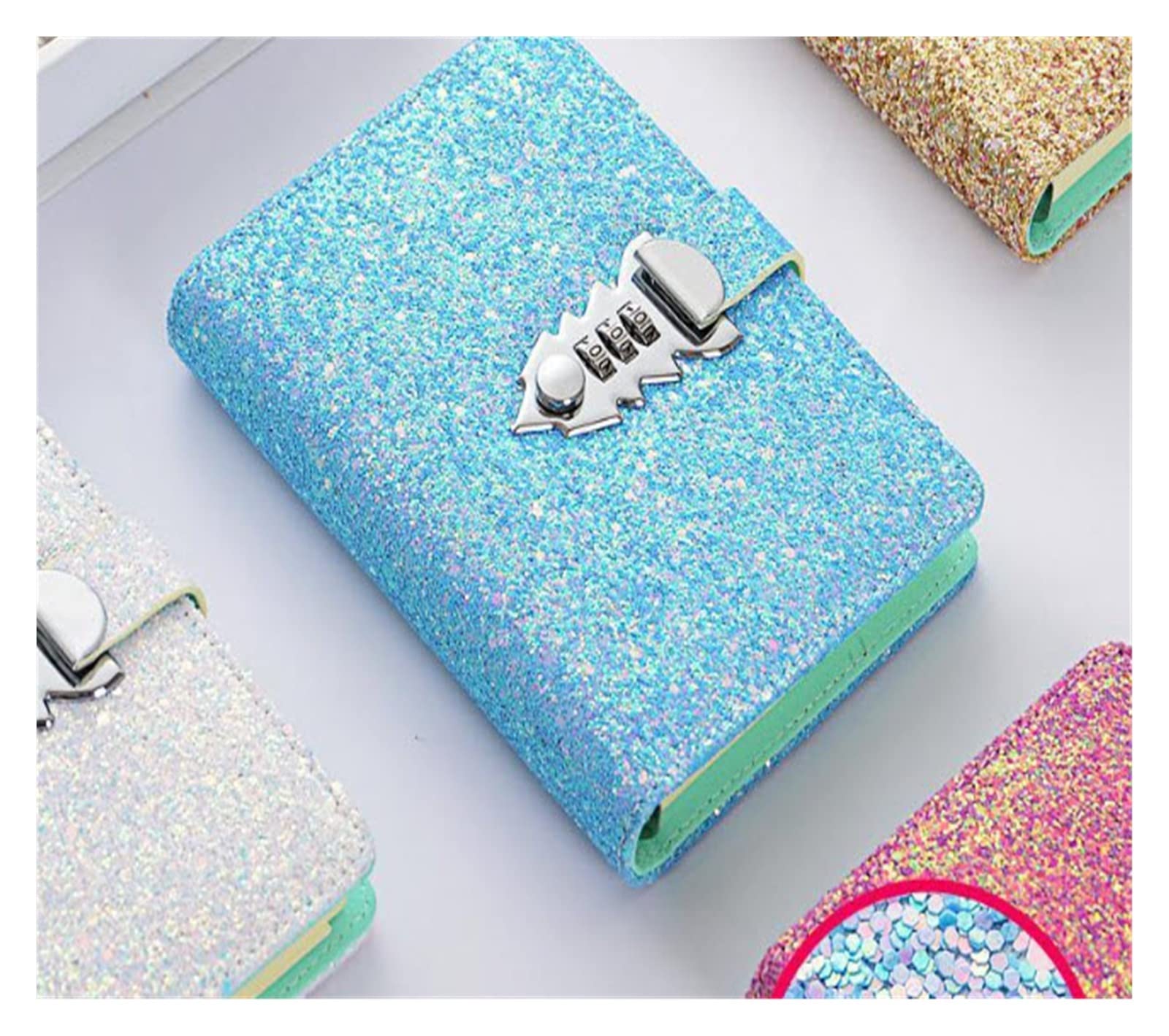 LKLNKVL notebook, Notebook Sequin PU Cover Planner Binder Spiral Notebooks Stationery Journals Password Agenda Diary With Lock Note Book For School(Sky Blue)