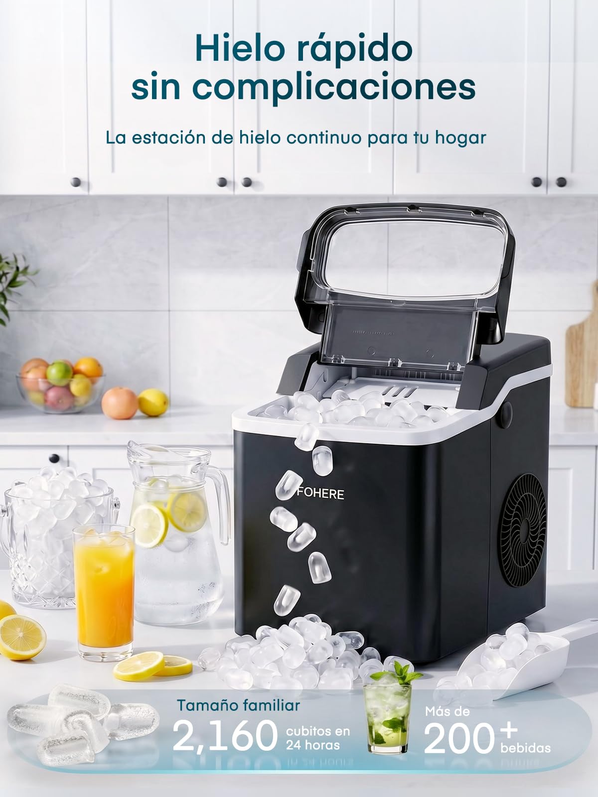 FOHERE Máquina de Hacer Hielo de Encimera, 9 Cubitos en 5 Min, Capacidad 14KG/24H, Máquina de Hielo Autolimpiable con Tapa Completamente Abrible, 2 Tamaños, para Casa, Cocina, Oficina, Camping