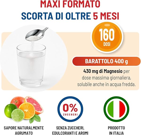 Equilibra, Magnesio Zero Zuccheri, Maxi Formato 400g in Polvere, Magnesio Bisglicinato, Pidolato, Carbonato, per Affaticamento, Funzione Muscolare, Solubile in acqua fredda, Vegan, Sapore Agrumato - 4