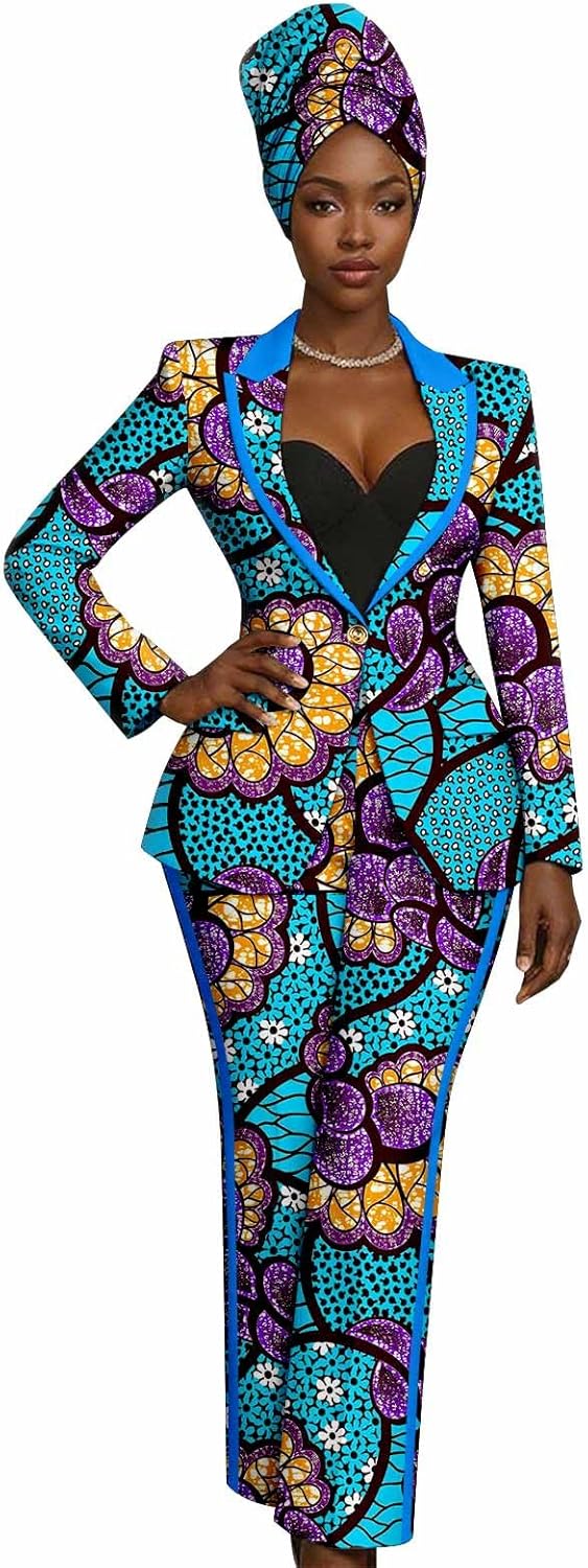 African Dashiki 2 Piece Set for Women – Reversible Print Cotton Blazer & Pants with Matching Headwrap