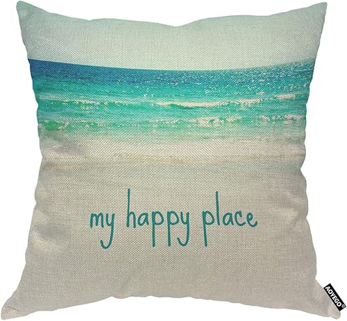 AOYEGO My Happy Place - Funda de almohada con purpurina de playa, océano, olas de mar, verano, arena, cielo, naturaleza, bahía, con purpurina, 18 x
