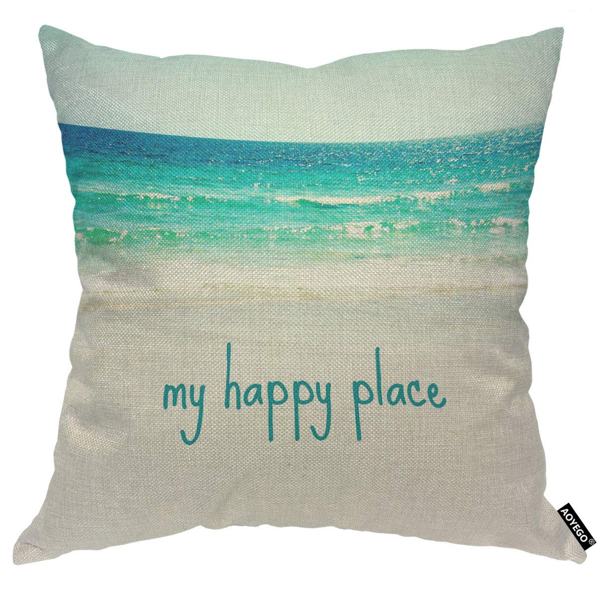 AOYEGOMy Happy Place Beach Throw Pillow Cover Ocean Sea Wave Summer Sand Sky Nature Beauty Bay Glitter Pillow Case 18x18 Inch Decorative Men Women Room Cushion Cover for Home Couch Bed