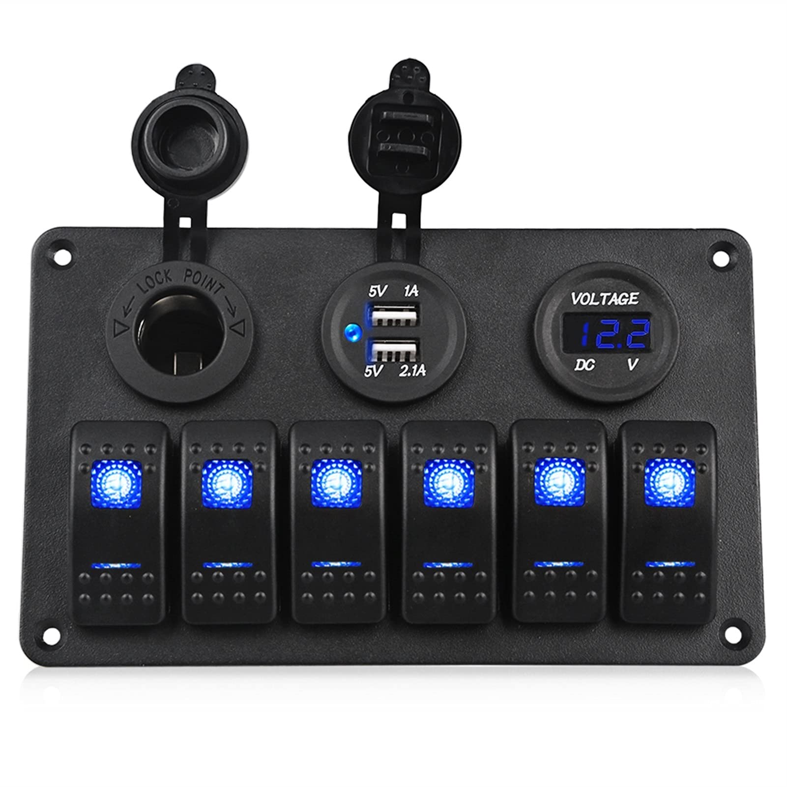 Panel przełączników morskich jachtowych, do łodzi, samochodu, ładowarki samochodowej USB, gniazda zapalniczki, woltomierz, panel oświetlenia 12 V, niebieski