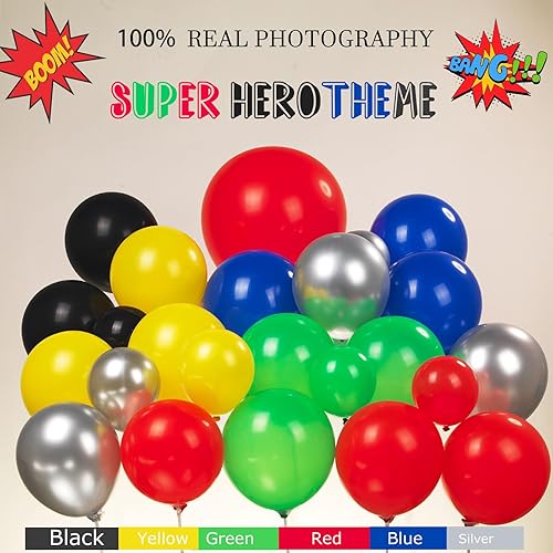 Miniatura 3 de Kit de guirnalda de globos de superhéroe, globos rojos, azules, verdes, amarillos, negros, globos y globos de estrella, calcomanías de tarjetas para