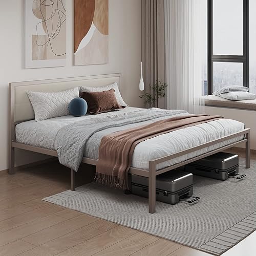 Miniatura 2 de Nazhura Marco de cama de tamaño matrimonial, plataforma de acero estable con cabeceroestribo de tela (marco de color champán)
