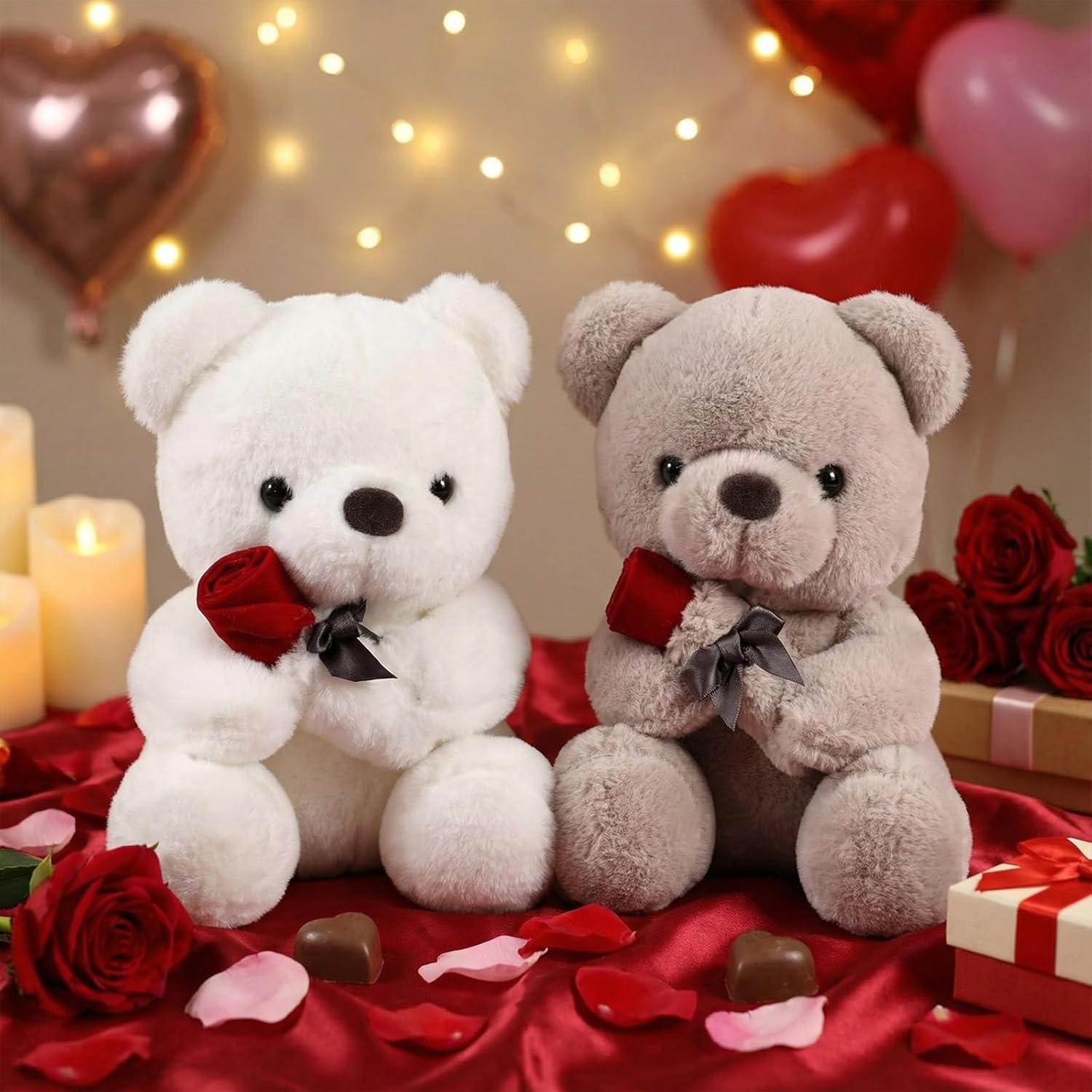 2 Pcs 13.78'' Valentines Day Small Teddy Bear with Rose Cute White Brown Teddy Bear Stuffed Animals Soft Plush Bears Gifts for Valentines Birthday Girlfriend Boyfriend Lover