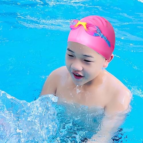 Miniatura 6 de Gorro de natación para niños y niñas, gorro de natación de silicona para cabello corto con gafas de natación y clip para la nariz, gorras de baño