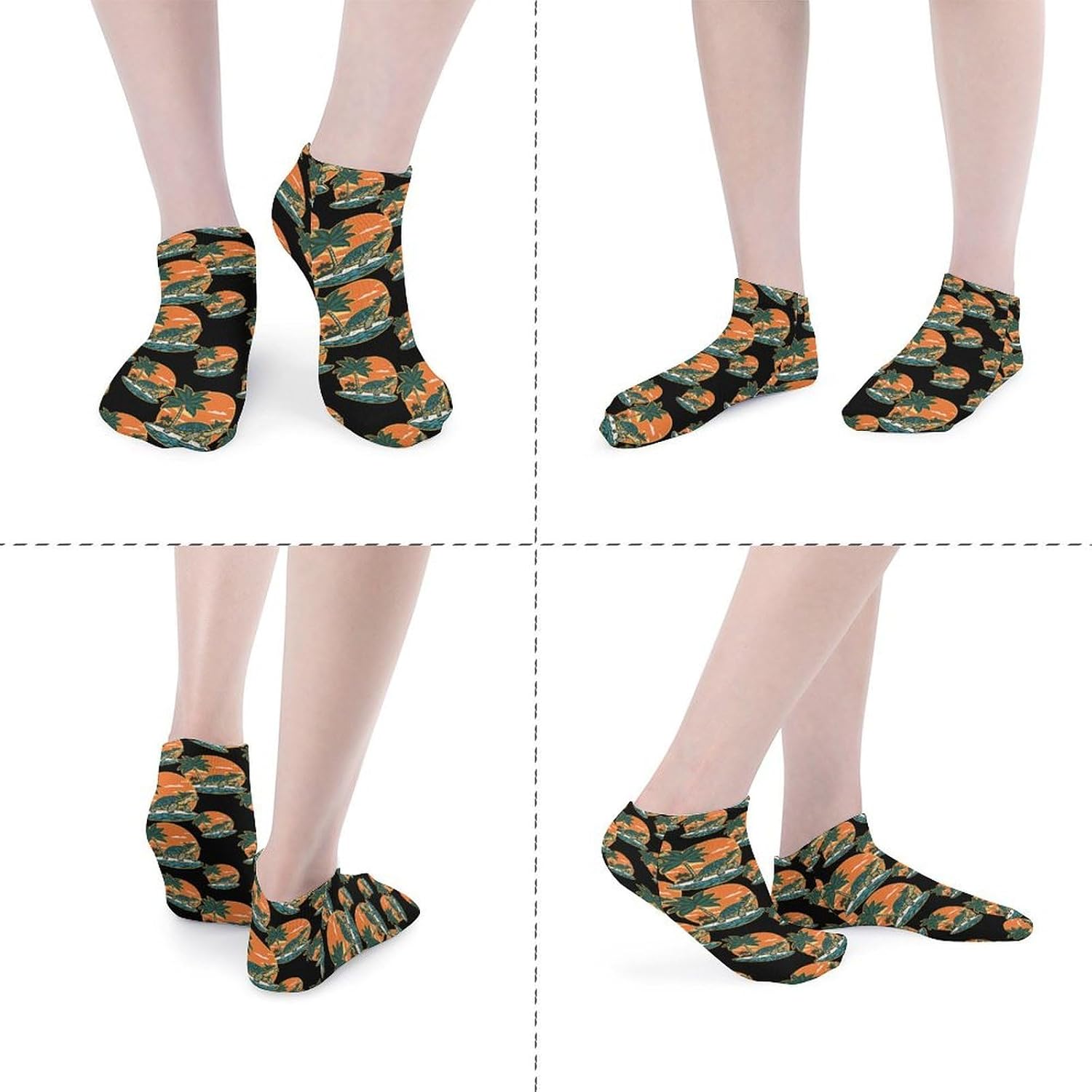 Turtle Walking Beach Palms Tree Sunset No Show Ankle Socks Low Cut Non Slip Flat Boat Line 5 Pairs Set