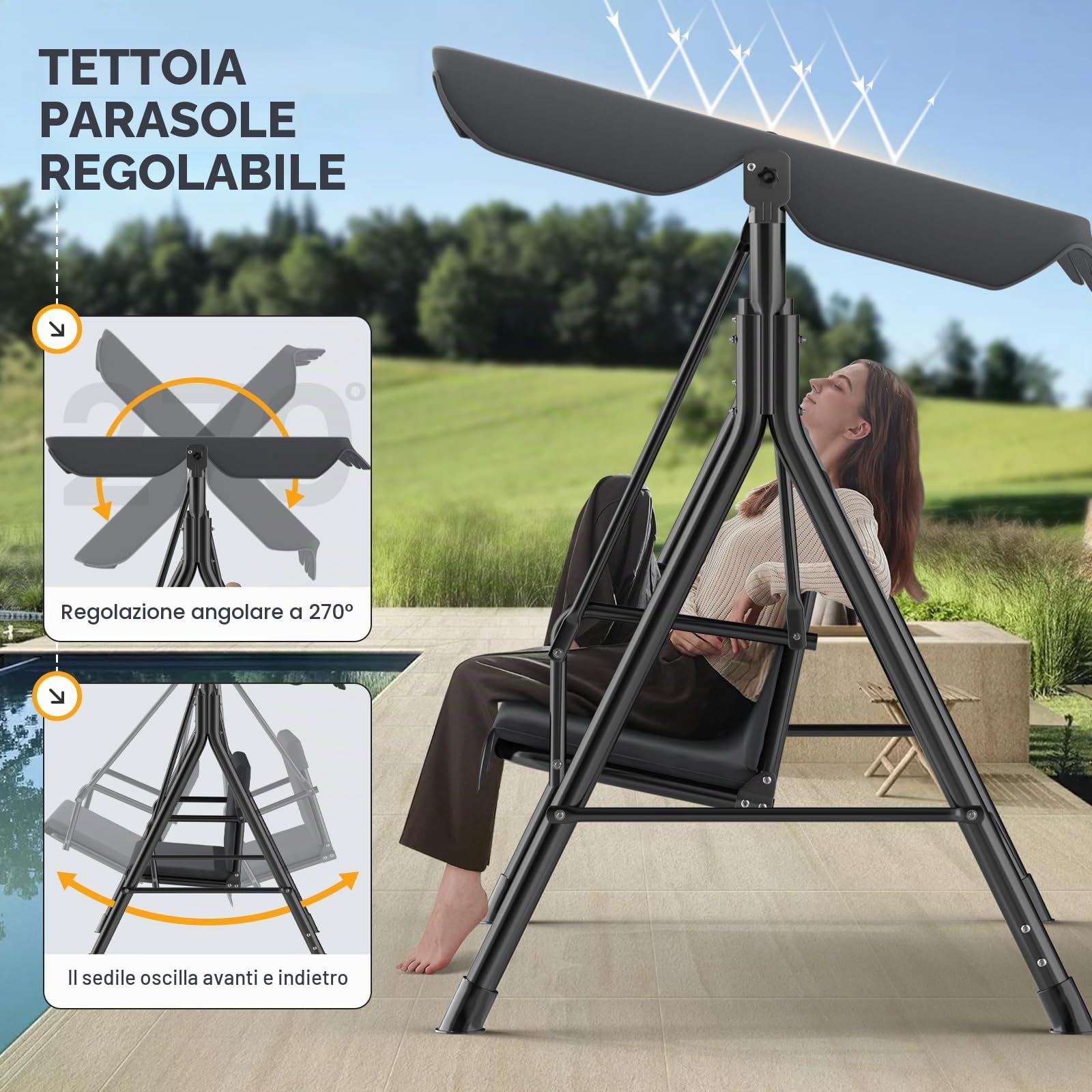 Dondolo da giardino a 3 posti, per esterni, con tettuccio parasole regolabile, piedini antiscivolo, resistente alle intemperie, altalena, portata 200 kg, colore: antracite
