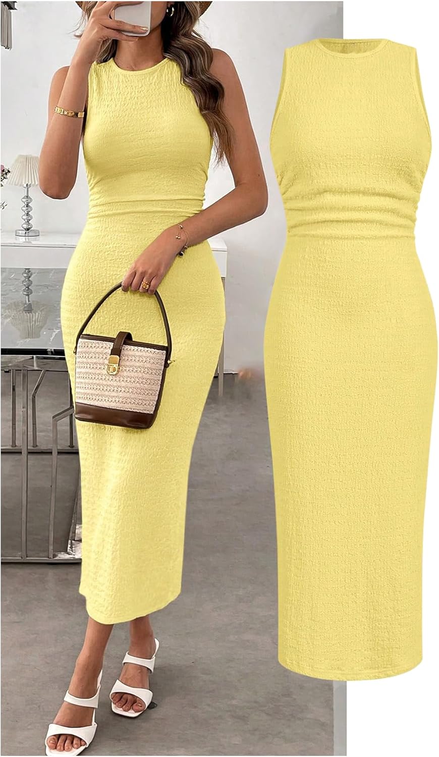 SOLY HUX Women's Ruched Bodycon Dress Elegant Crew Neck Sleeveless Midi Party Dresses Vacation Outfits - Image 5