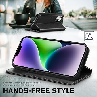 TUCCH Wallet Case 3 Card Slots for iPhone 14 (6.1) 2022, Classic Black | RFID Blocking, Viewing Stand, Shockproof TPU Shell, PU Leather, Protective Folio Flip Cover