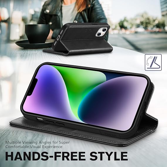 TUCCH Wallet Case 3 Card Slots for iPhone 14 (6.1) 2022, Classic Black | RFID Blocking, Viewing Stand, Shockproof TPU Shell, PU Leather, Protective Folio Flip Cover
