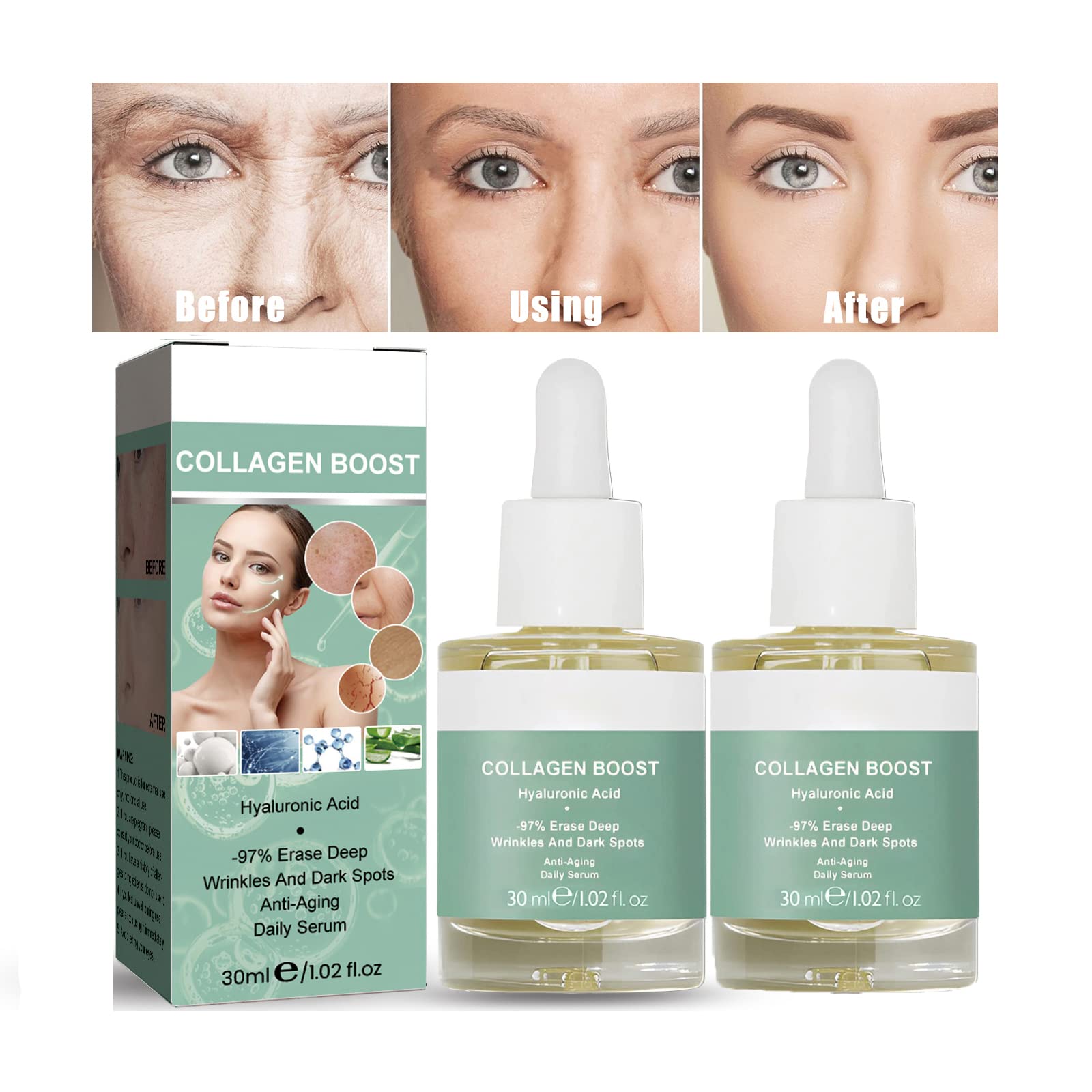 XIRUJNFD Advanced Collagen Boost Anti Aging Serum, Collagen Peptide Serum, Collagen Serum for Face, Erase Wrinkles, Brightens Skin for All Skin Types (2Pcs)