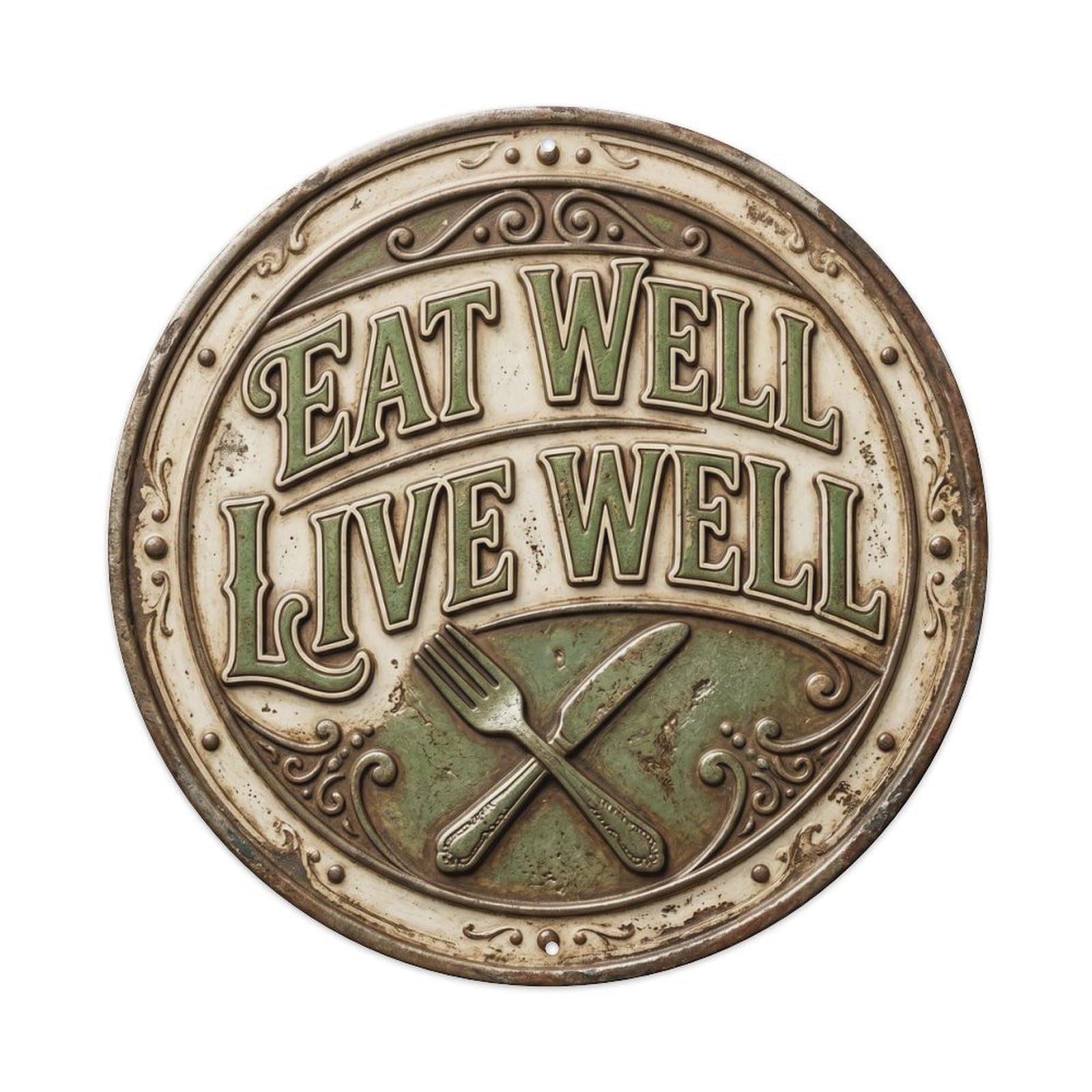 Cwbufd Vintage Style Eat Well Live Well Classic Kitchen Display Retro Slogans Vintage Metal Tin Sign Plaque Wall Decor For Cafe, Club Bar, Office, Garden Metal Poster 8X8inch