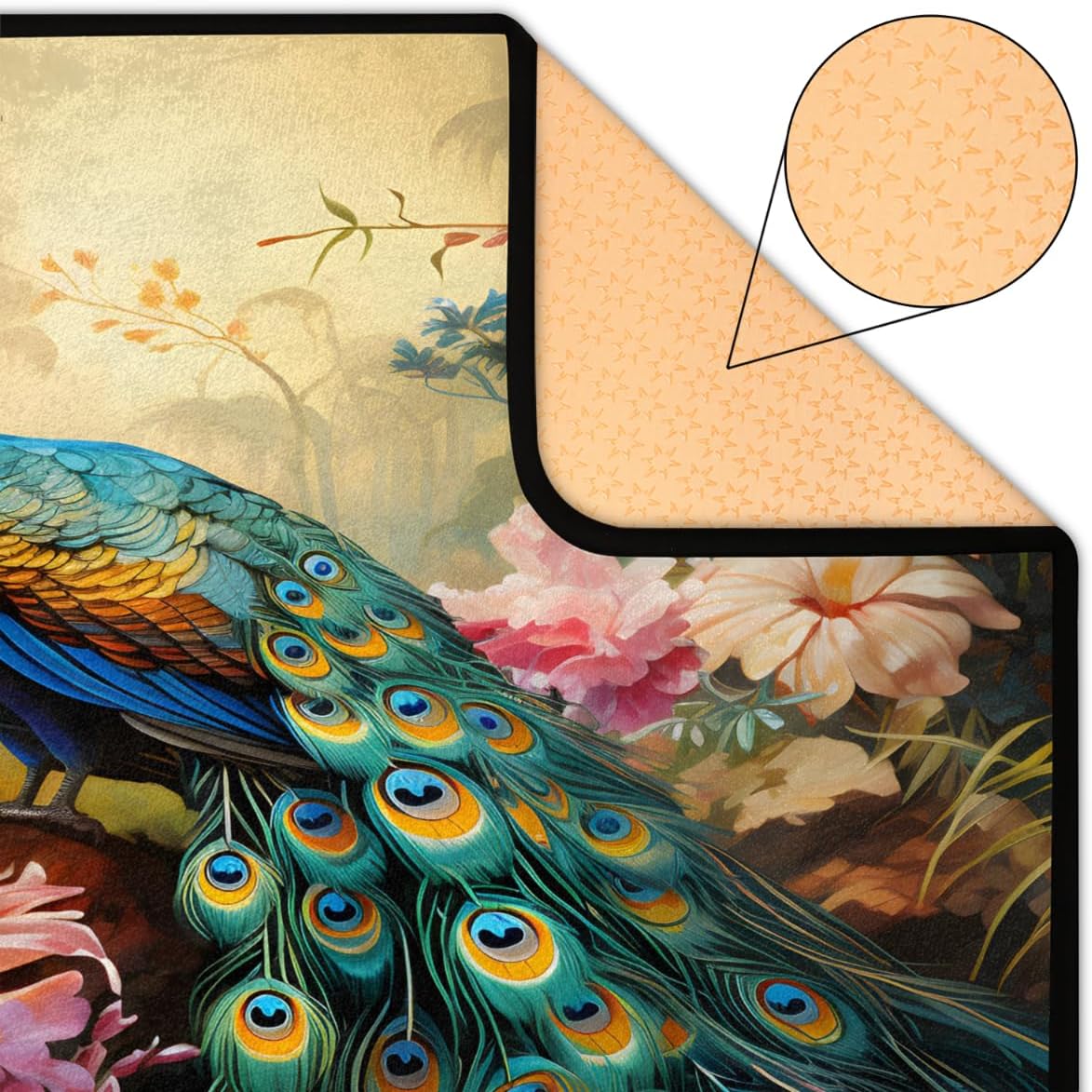 Area Rug Colorful Peacock Floor Mat, Absorbent Entryway Doormats Non-Slip Washable Carpet 58x80in, Flowers Throw Rug for Living Room Bedroom Kitchen Bathroom Home Decor