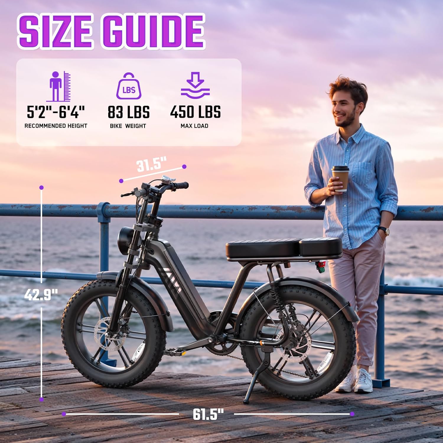 TST Electric Bike for Adults, 20" Fat Tire All-Terrain E-Bike, 1500W Peak Motor, Up to 28MPH, 60 Miles Max Range,Electric Dirt Bike with Rear Seat and Footrest,15Ah Removable Battery