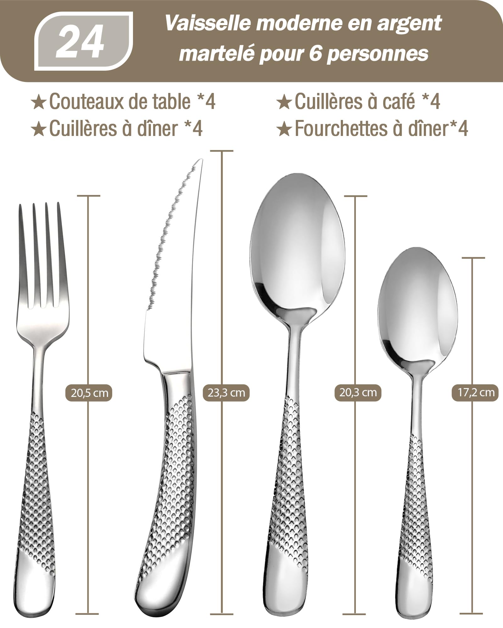 Ensemble de couverts modernes 24 pièces, Argent martelé Couteaux dentelés 2-en-1 ultra-tranchants, Service en acier inoxydable 18/10 Set pour 6 personnes, Couteaux, fourchettes, Cuillères